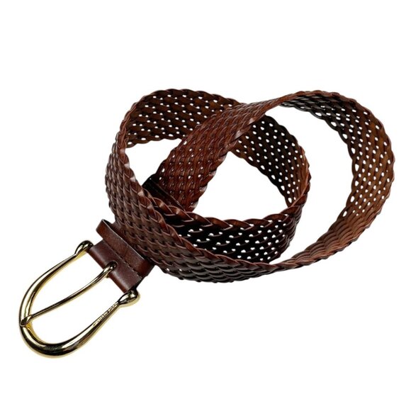 MICHAEL Michael Kors Bonded Leather Woven Belt Size Medium Brown Goldtone Buckle - Picture 2 of 11